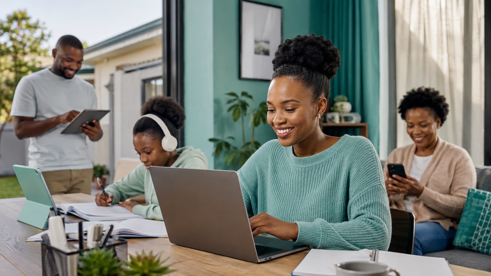 Family using connected devices together at home